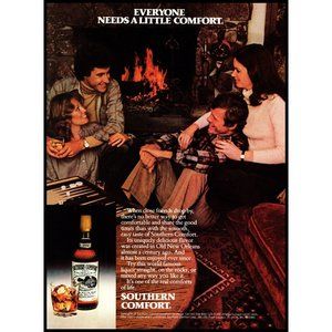 1981 Southern Comfort Whiskey Vintage Print Ad Fireplace Friends Backgammon Art